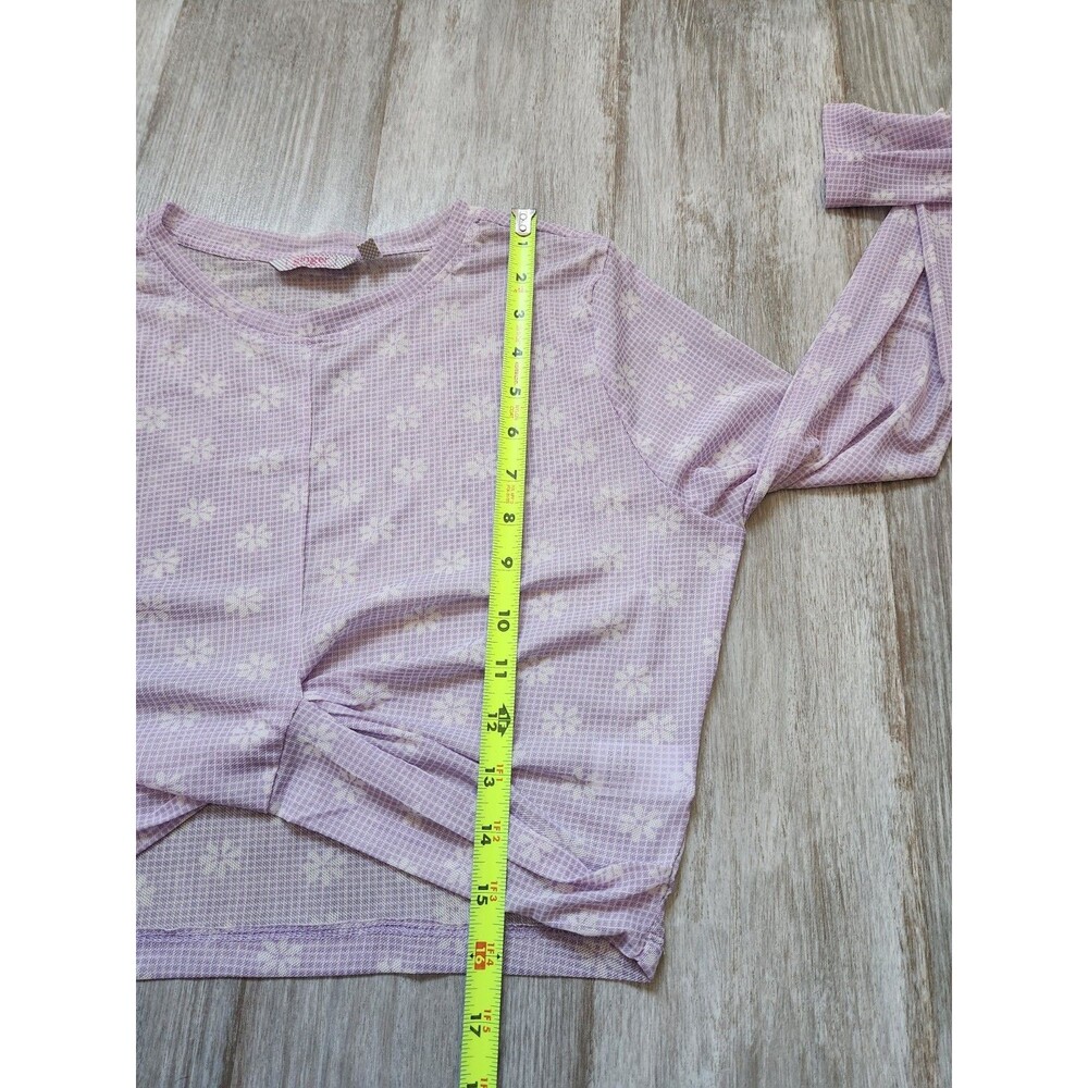 Ginger Mesh Crop Top Front Knot Purple Check Floral Long Sleeve Crewneck L EUC - Picture 8 of 9